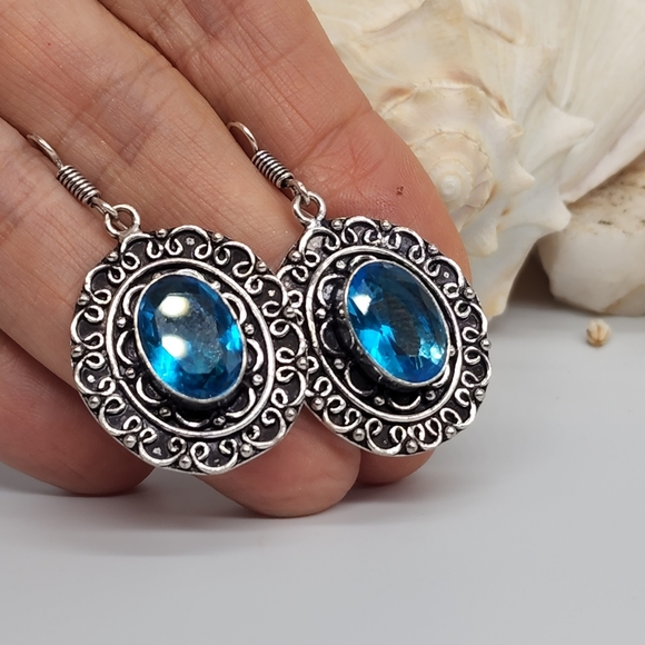 Natural Blue Quartz Stones Silver 925 Earrings - Picture 3 of 5